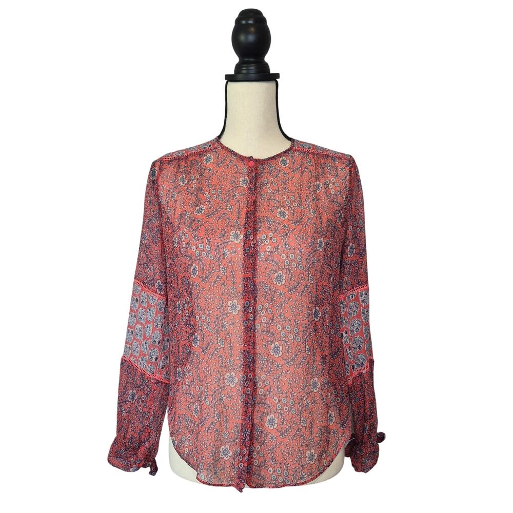 Rebecca Taylor Amanda Print Silk Floral Chiffon Long Sleeve Blouse Top Coral 4